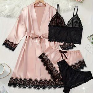 Women's Silky Satin Pajama Set Lingerie Floral Lace Suspender Nightgown 4 Pc Set